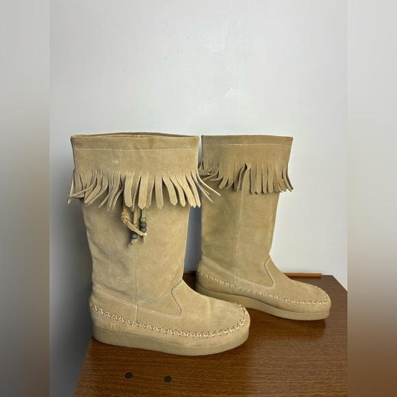 VTG Y2k Report Dubai Tan Suede Genuine leather Shoes Fringe platform Size 9 Wome - Picture 3 of 16